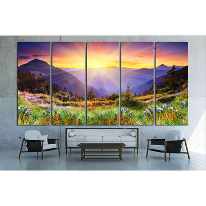 Golden Light Mountain Landscape Wall Art for Inspiring DecorThis canvas print features a breathtaking mountain sunrise, casting golden light over a wildflower meadow. The scene, rich in warm colors and peaceful energy, is perfect for creating a relaxing a