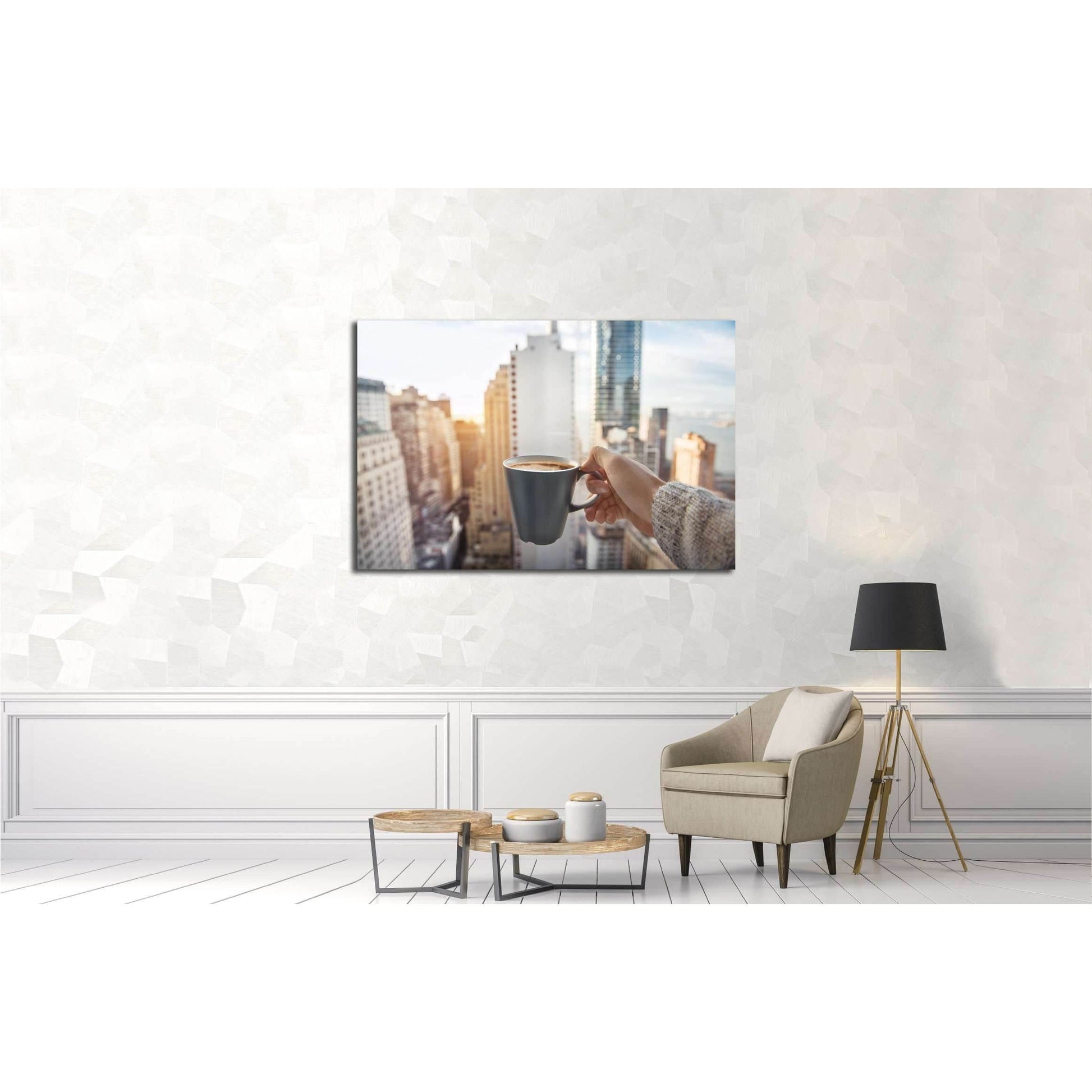 Man holding coffee cup in luxury penthouse apartments with view to New York City Manhattan №2996 Ready to Hang Canvas Print - Zellart Canvas Prints 0_NY_ART, ALL_Products, s-2996