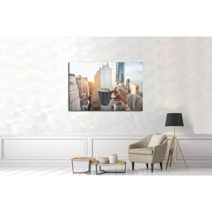 Man holding coffee cup in luxury penthouse apartments with view to New York City Manhattan №2996 Ready to Hang Canvas Print - Zellart Canvas Prints 0_NY_ART, ALL_Products, s-2996
