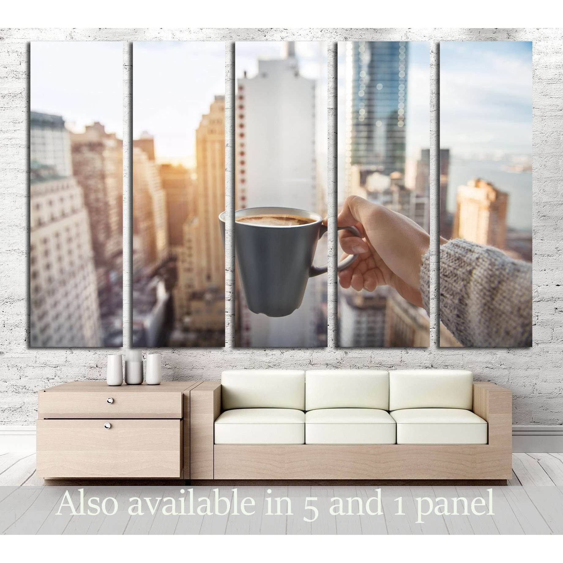 Man holding coffee cup in luxury penthouse apartments with view to New York City Manhattan №2996 Ready to Hang Canvas Print - Zellart Canvas Prints 0_NY_ART, ALL_Products, s-2996