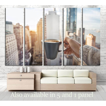 Man holding coffee cup in luxury penthouse apartments with view to New York City Manhattan №2996 Ready to Hang Canvas PrintCanvas art arrives ready to hang, with hanging accessories included and no additional framing required. Every canvas print is hand-c