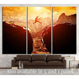 Man jumping over precipice between two rocky mountains №1373 Ready to Hang Canvas Print
