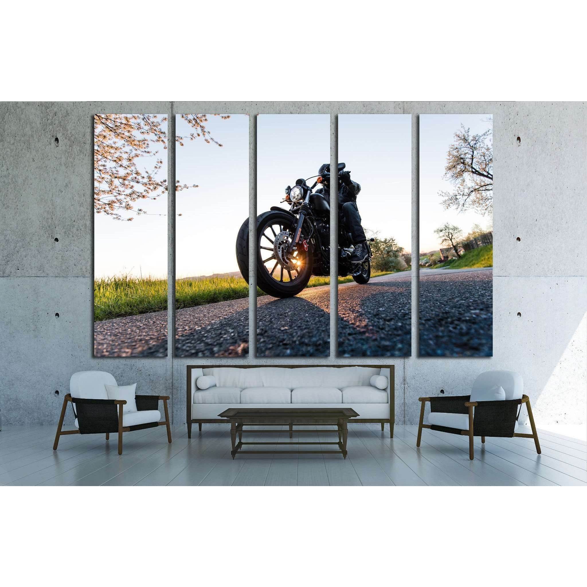 Man sat on motorcycle on the road during sunrise №1874 Ready to Hang Canvas Print