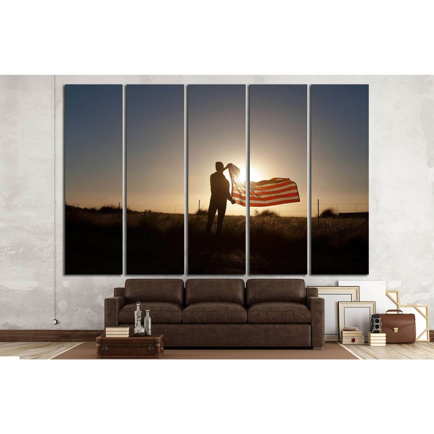 Man waving the American flag at sunset №1286 Ready to Hang Canvas PrintCanvas art arrives ready to hang, with hanging accessories included and no additional framing required. Every canvas print is hand-crafted, made on-demand at our workshop and expertly