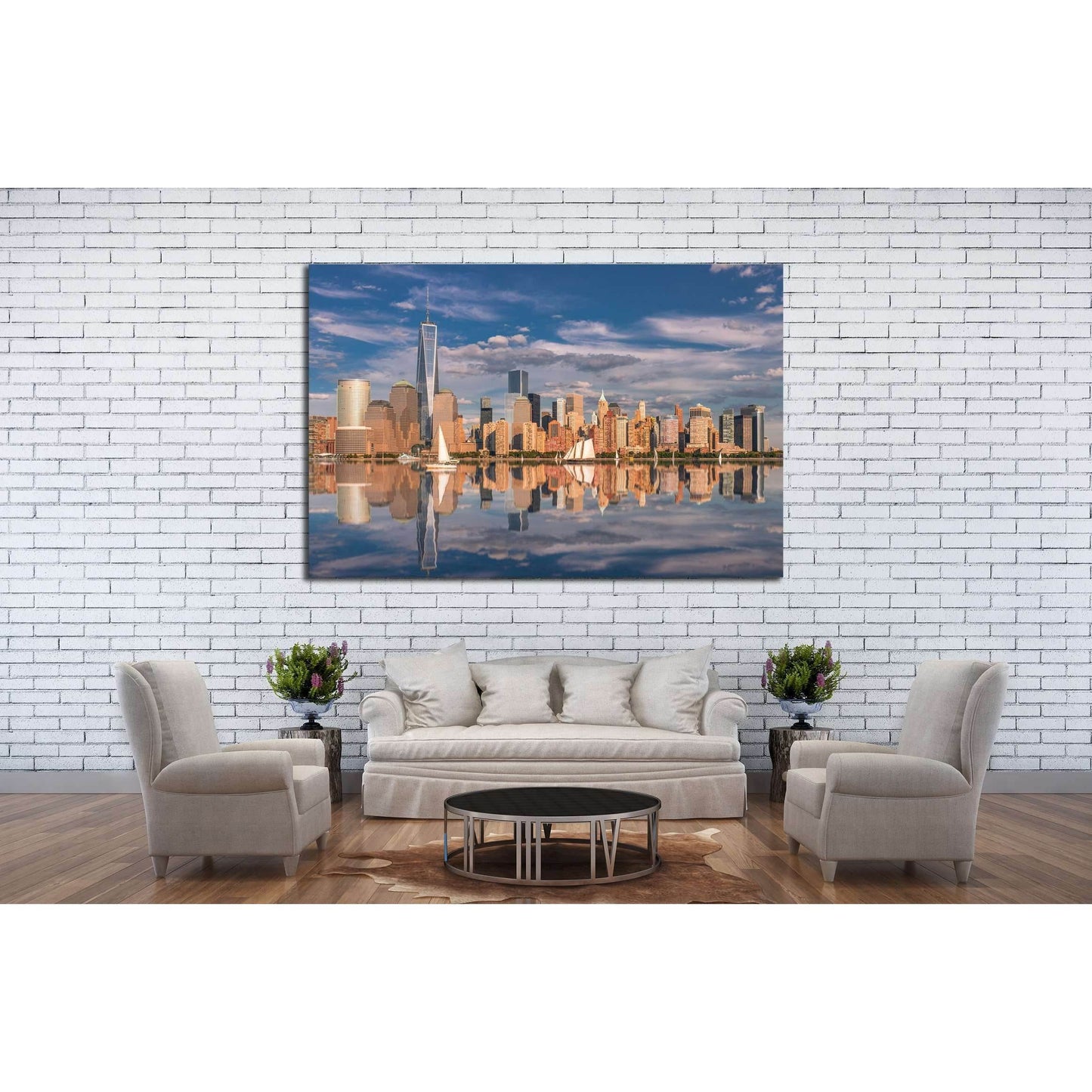 Manhattan at sunset reflected in the hudson river №2657 Ready to Hang Canvas Print - Zellart Canvas Prints 0_NY_ART, ALL_Products, s-2657