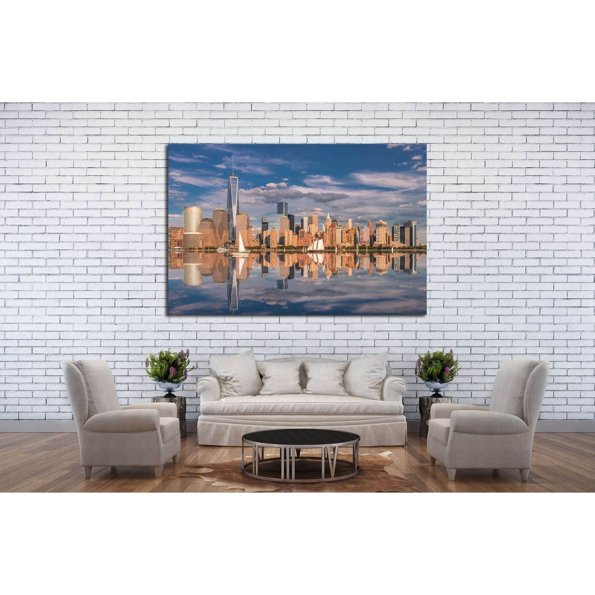 Manhattan at sunset reflected in the hudson river №2657 Ready to Hang Canvas Print - Zellart Canvas Prints 0_NY_ART, ALL_Products, s-2657