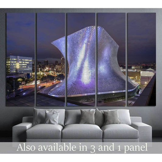 Museum Soumaya at night canvas print above sofa in a modern living room