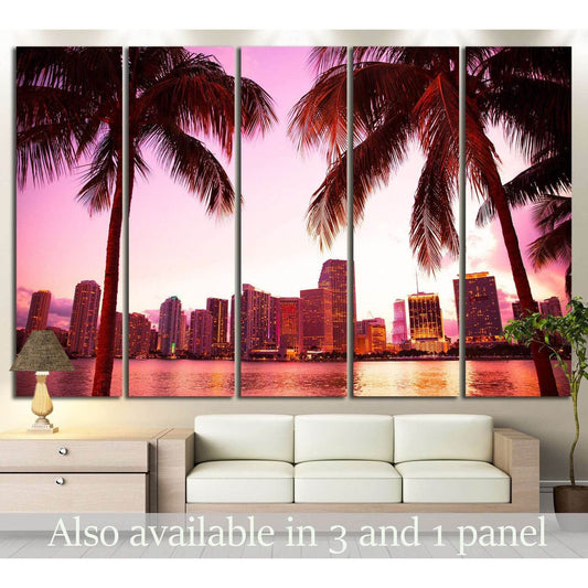 Miami Florida skyline and two palm trees №1266 Ready to Hang Canvas Print - Zellart Canvas Prints ALL_Products, s-1266