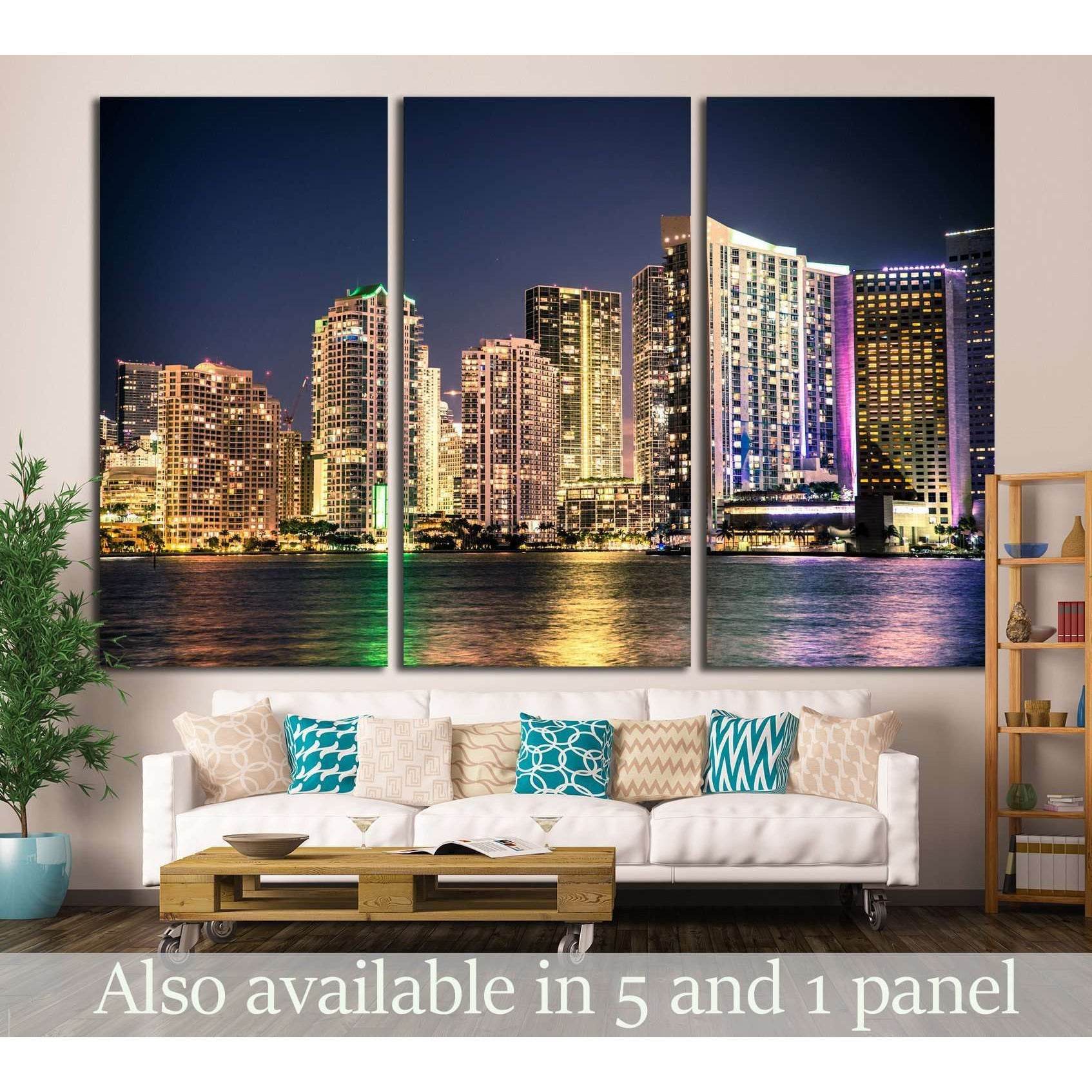 Miami Florida skyline with lights №1264 Ready to Hang Canvas Print