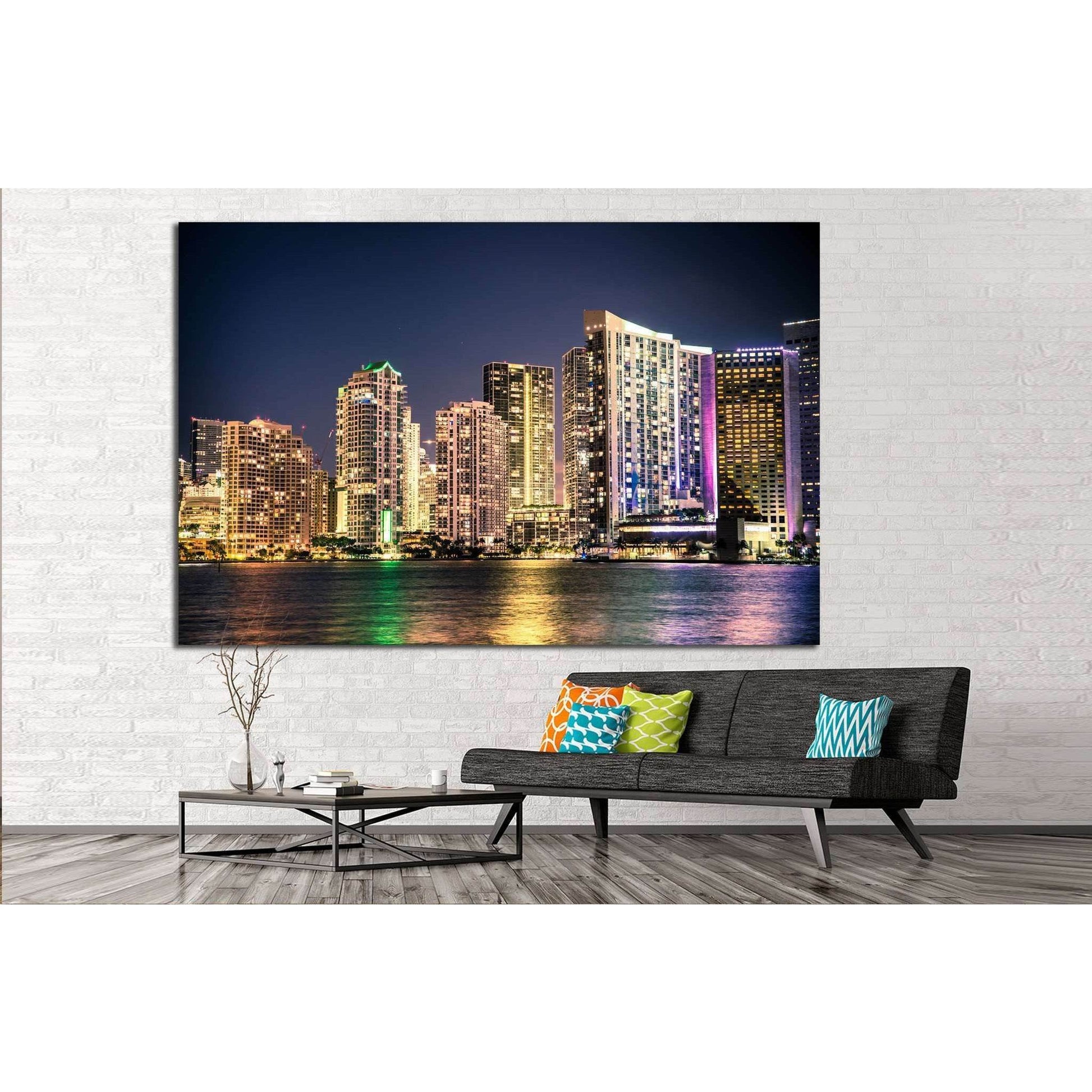 Miami Florida skyline with lights №1264 Ready to Hang Canvas Print - Zellart Canvas Prints ALL_Products, s-1264