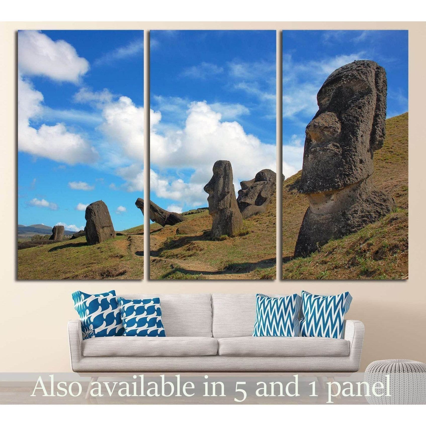 Easter Island Moai canvas print at Rano Raraku under blue skies above a sofa