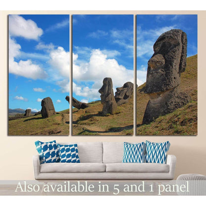 Easter Island Moai canvas print at Rano Raraku under blue skies above a sofa