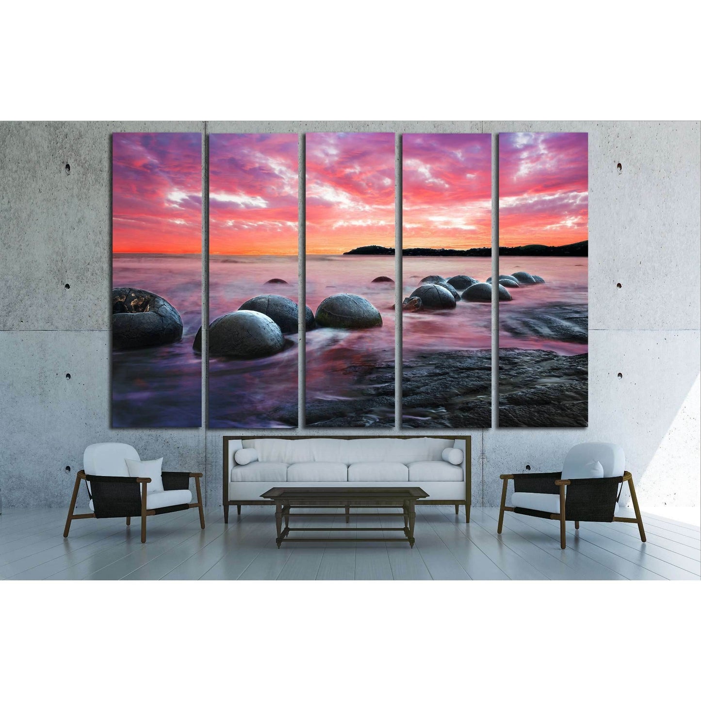 Moeraki Boulders on the Koekohe beach, New Zealand. Sunset and long exposure №2865 Ready to Hang Canvas Print - Zellart Canvas Prints ALL_Products, s-2865