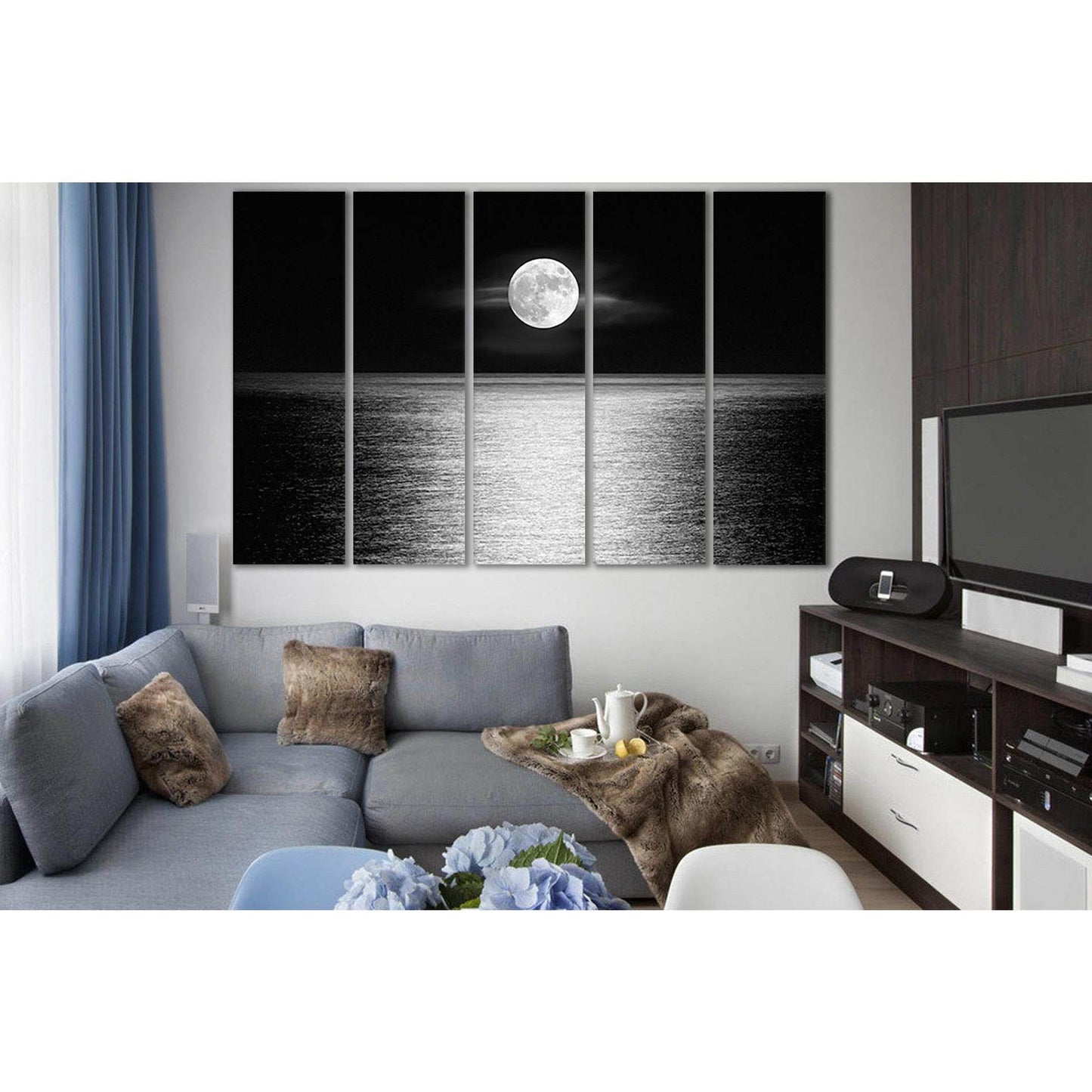 Moonlight Over The Ocean Black And White №SL856 Ready to Hang Canvas Print - Zellart Canvas Prints 0new, ALL_Products, Black & White Wall Art