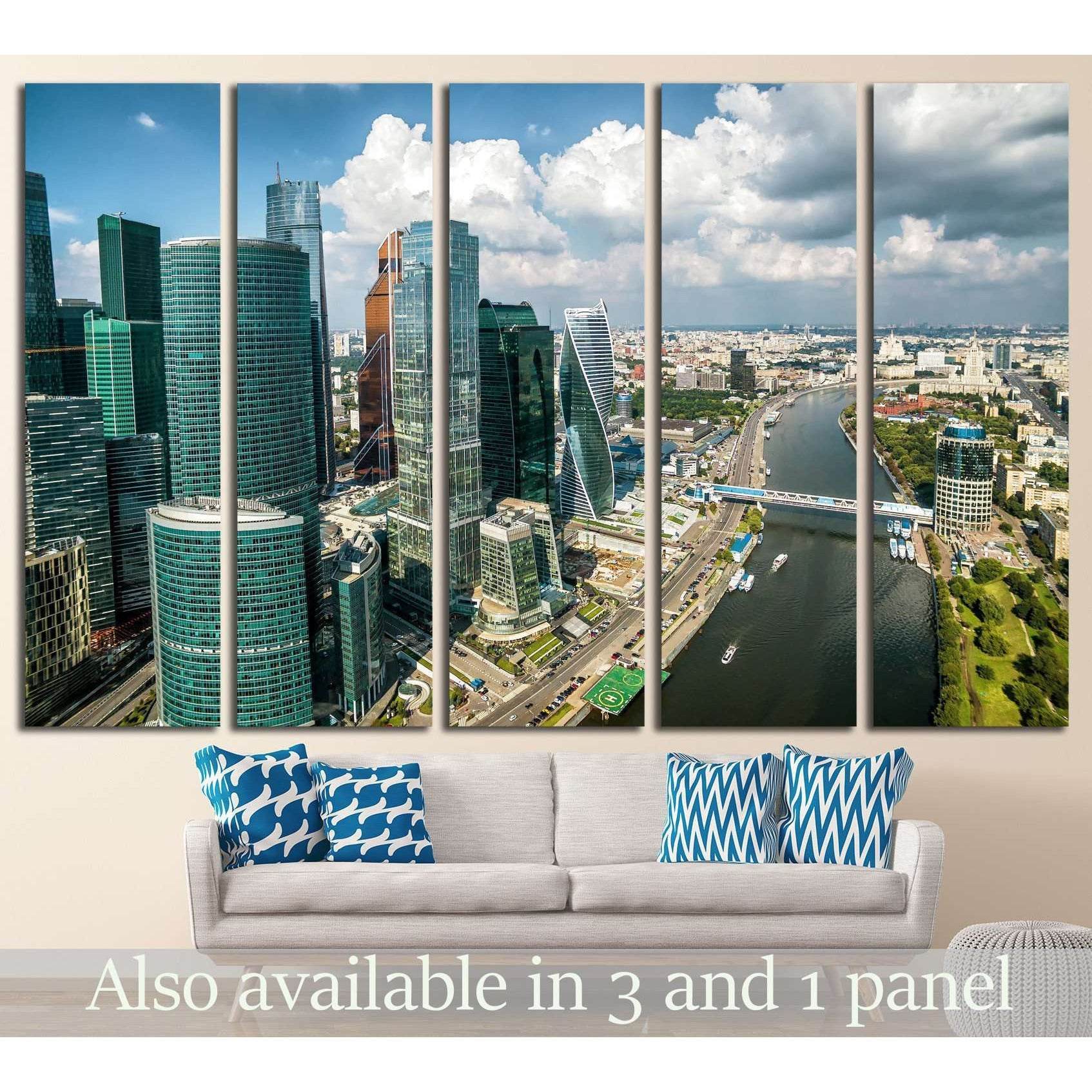 Moscow City skyscrapers and Moskva River aerial view canvas print above sofa