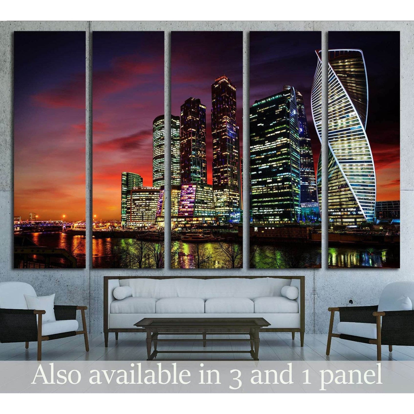 Moscow City skyline canvas print at night above sofa in a modern living room