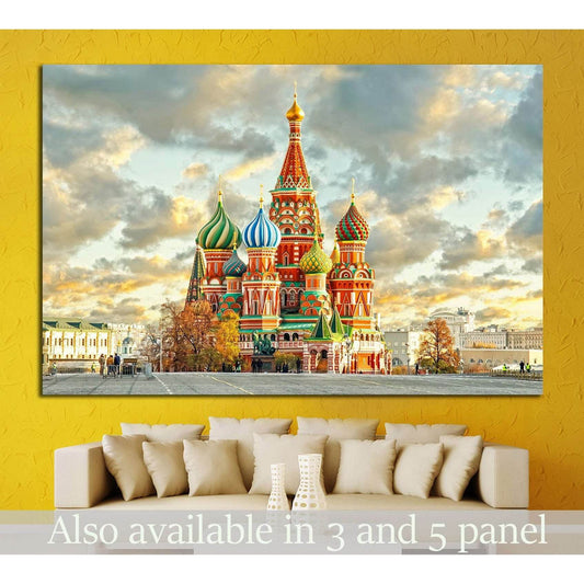 St. Basil's Cathedral canvas print above sofa with colorful Moscow Red Square view