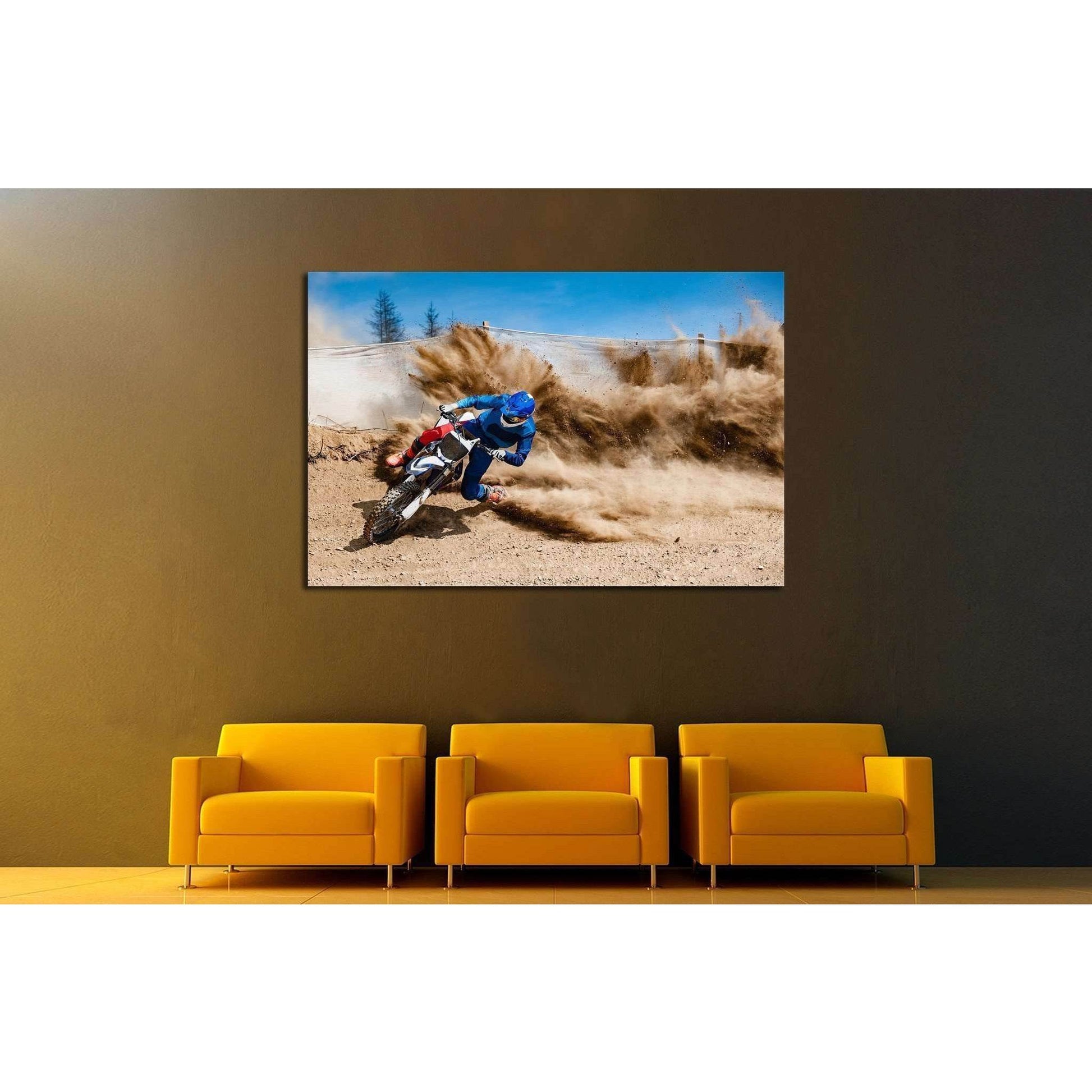 Motocross rider creates a large cloud of dust and debris №1878 Ready to Hang Canvas PrintCanvas art arrives ready to hang, with hanging accessories included and no additional framing required. Every canvas print is hand-crafted, made on-demand at our work