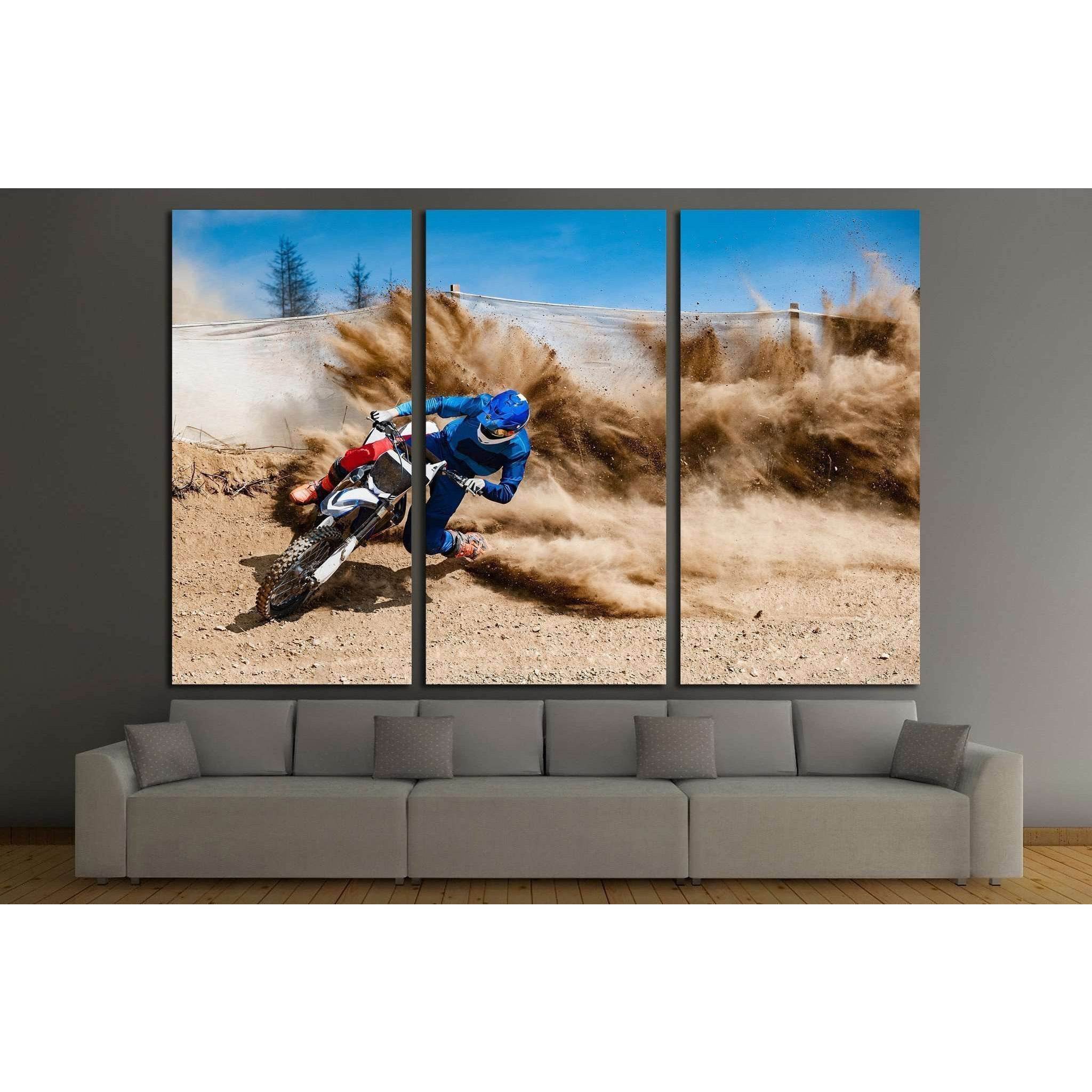 Motocross rider creates a large cloud of dust and debris №1878 Ready to Hang Canvas Print