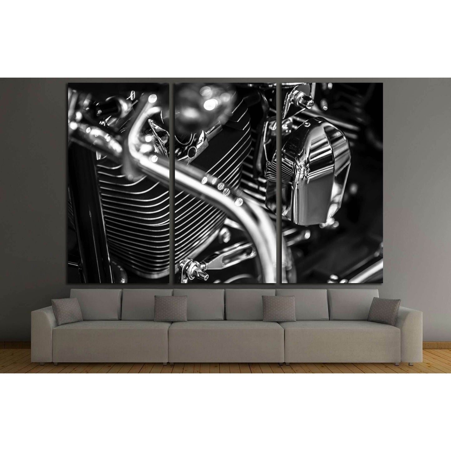 Motorbike engine close up shot in black and white №3278 Ready to Hang Canvas Print - Zellart Canvas Prints ALL_Products, s-3278