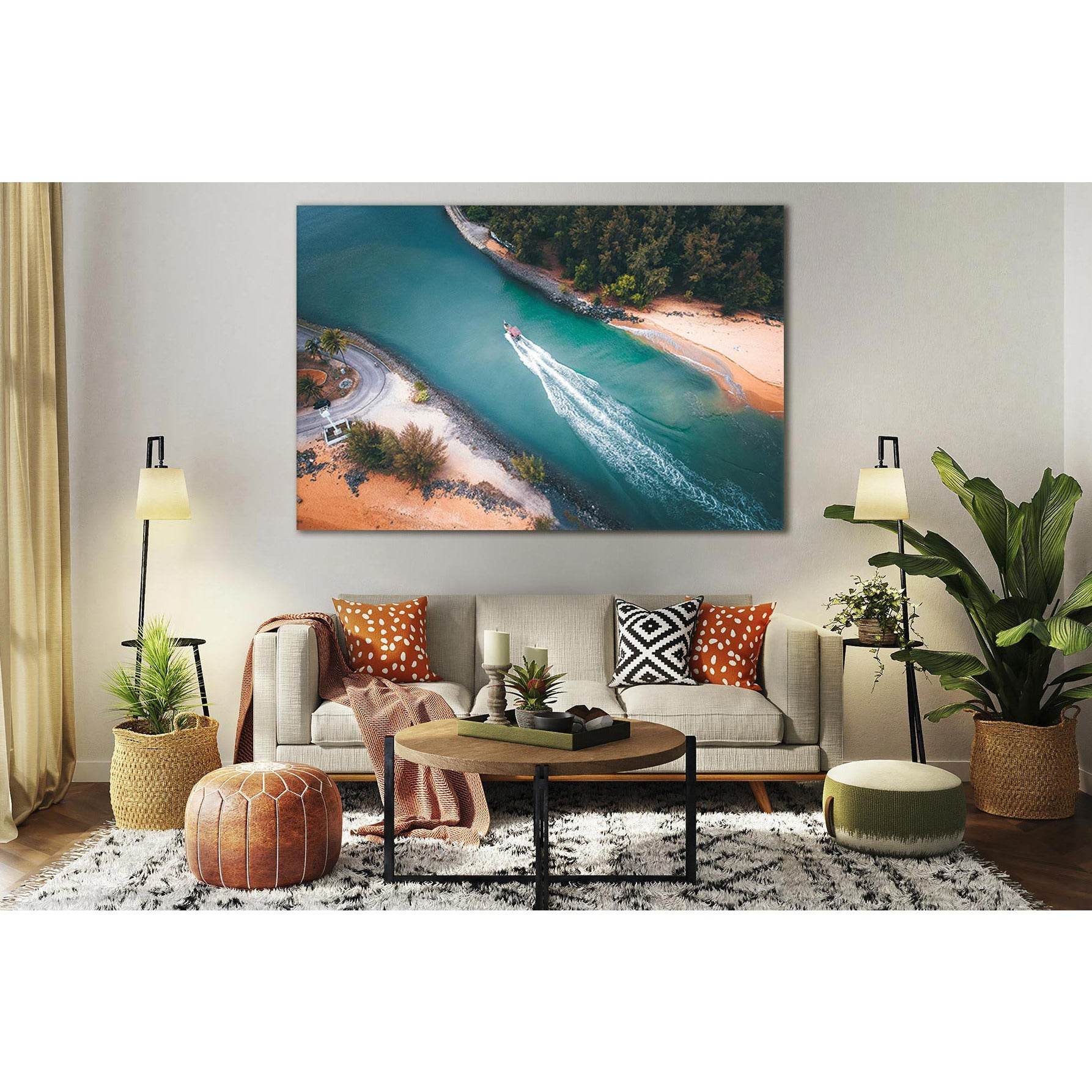 Motorboat Floating Near Seashore №SL164 Ready to Hang Canvas Print - Zellart Canvas Prints 0new, ALL_Products, Beach Ocean & Waves
