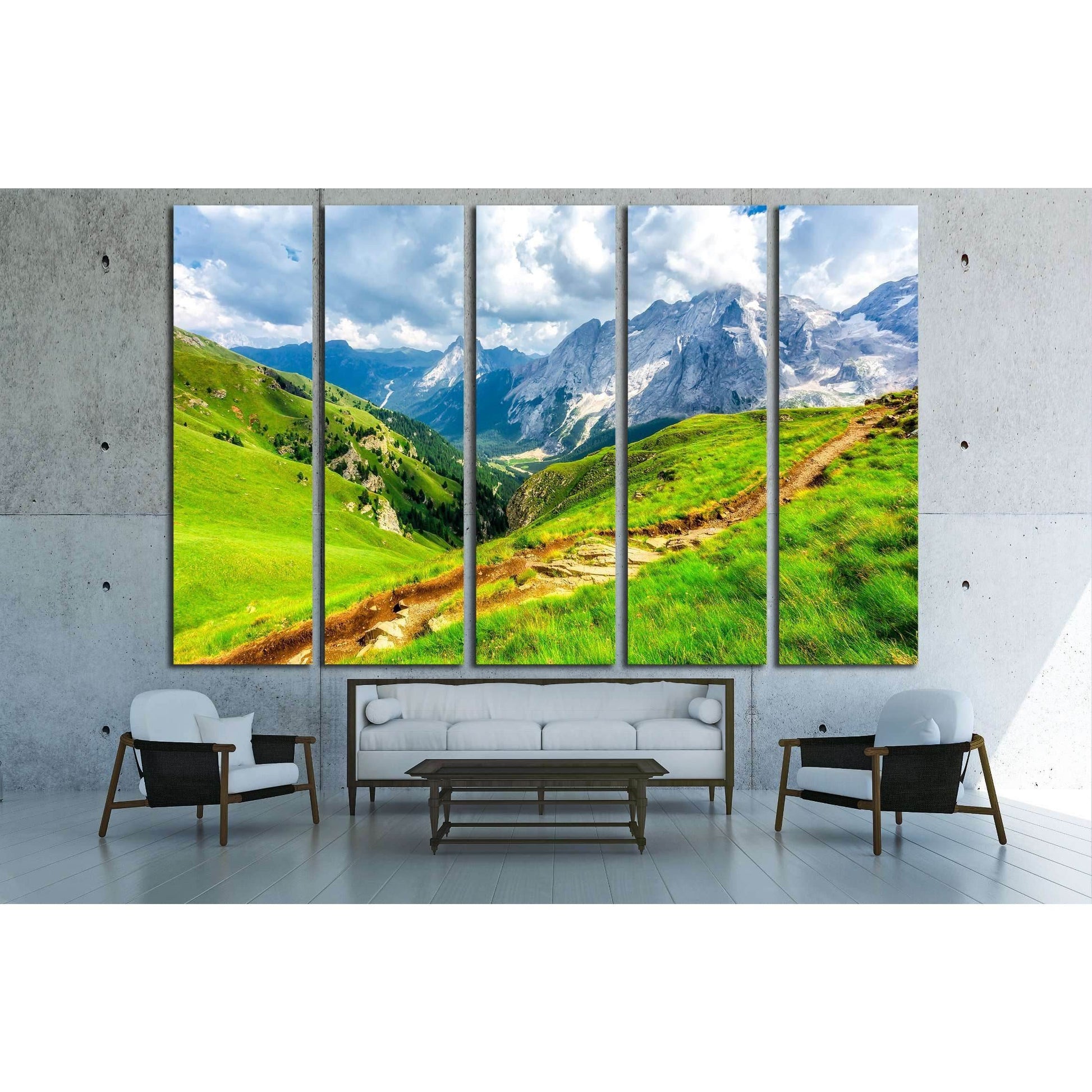 Alpine Trail and Mountain Peaks Canvas Print for Nature Inspired InteriorsThis canvas print captures a lush alpine landscape with a vivid green trail leading into the distance toward majestic mountain peaks. It evokes a sense of adventure and the refreshi