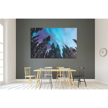 Cosmic Dance of Northern Lights Artwork for Boutique Hotel DecorThis canvas print artfully depicts the Northern Lights dancing over a forest of pine trees, with the cosmic palette of blues and purples set against the dark silhouettes of the trees. It is a