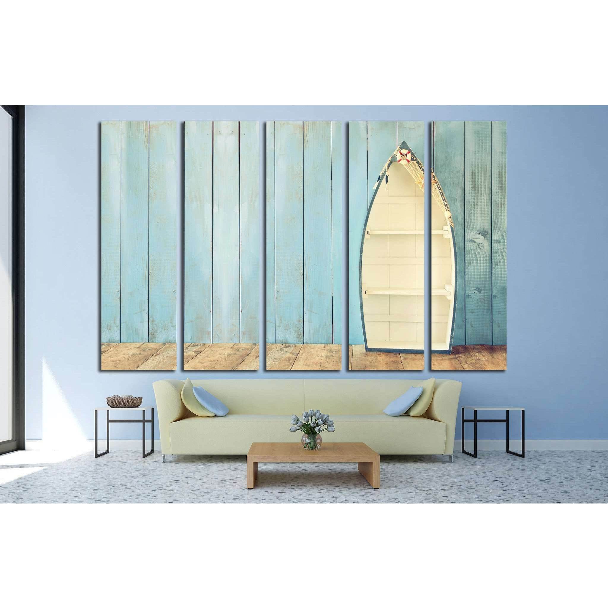 nautical boat shape shelves on wooden table №1403 Ready to Hang Canvas Print