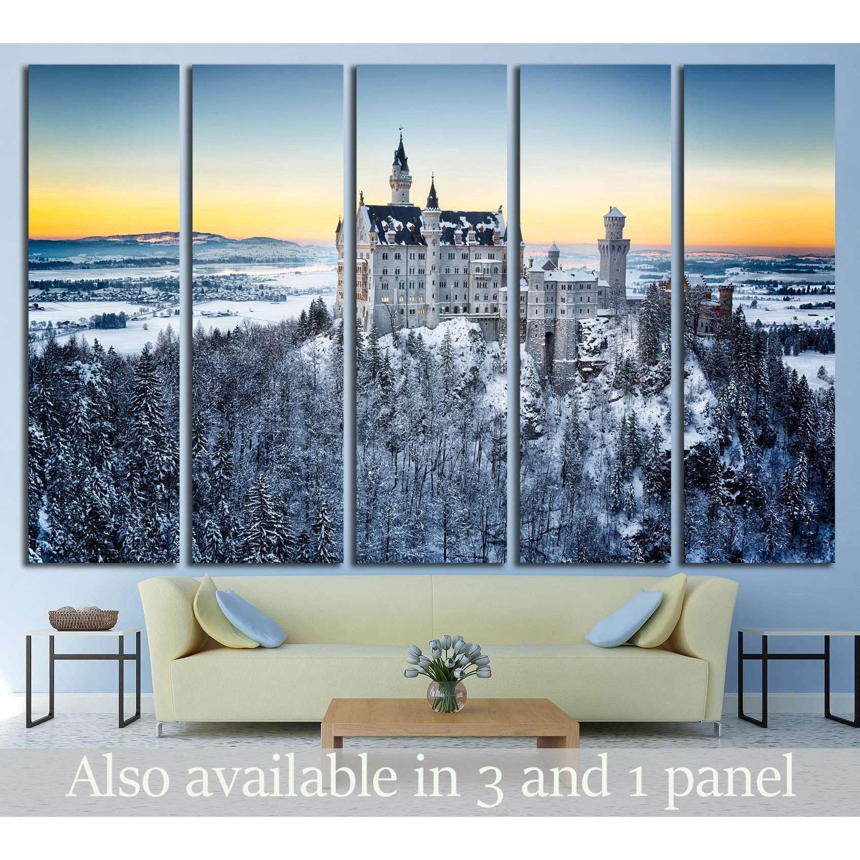 Neuschwanstein Castle at sunset in winter landscape. Germany №1793 Ready to Hang Canvas Print