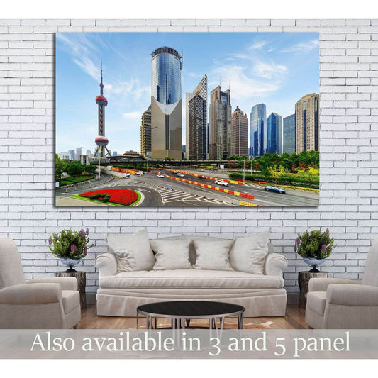 Shanghai skyline canvas print with Oriental Pearl Tower above sofa in a modern living room