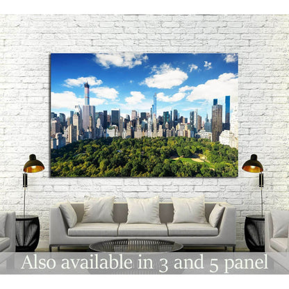 Central Park and Manhattan skyline canvas print hung above a sofa in a modern living room