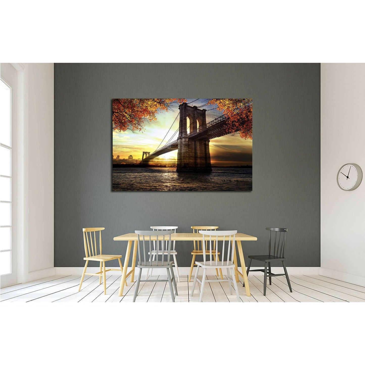 Autumn Sunset Brooklyn Bridge Canvas for Urban Home DecorThis canvas print showcases the Brooklyn Bridge at sunset, framed by the warm autumnal foliage. The sun's reflection on the water and the silhouette of the city skyline in the background add depth a