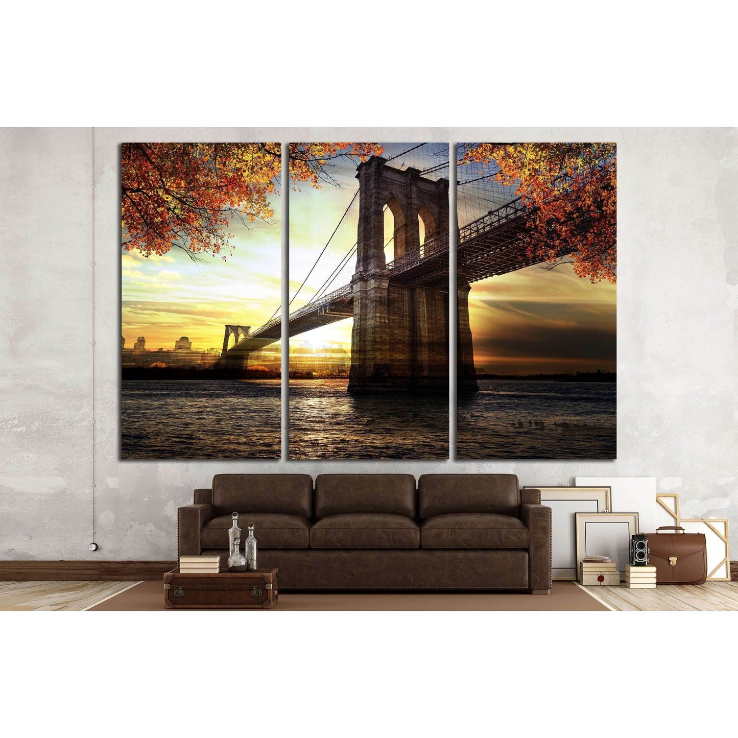 Autumn Sunset Brooklyn Bridge Canvas for Urban Home DecorThis canvas print showcases the Brooklyn Bridge at sunset, framed by the warm autumnal foliage. The sun's reflection on the water and the silhouette of the city skyline in the background add depth a