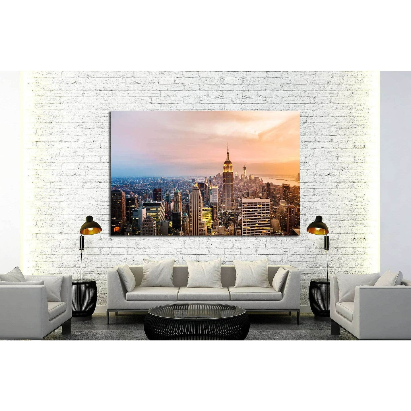 New York City skyline with urban skyscrapers at sunset №1937 Ready to Hang Canvas PrintCanvas art arrives ready to hang, with hanging accessories included and no additional framing required. Every canvas print is hand-crafted, made on-demand at our worksh