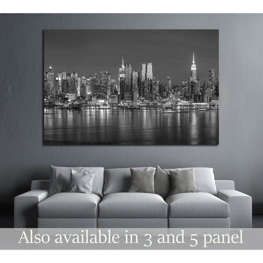New York City with skyscrapers illuminated over Hudson River panorama in black and white №2660 Ready to Hang Canvas PrintCanvas art arrives ready to hang, with hanging accessories included and no additional framing required. Every canvas print is hand-cra