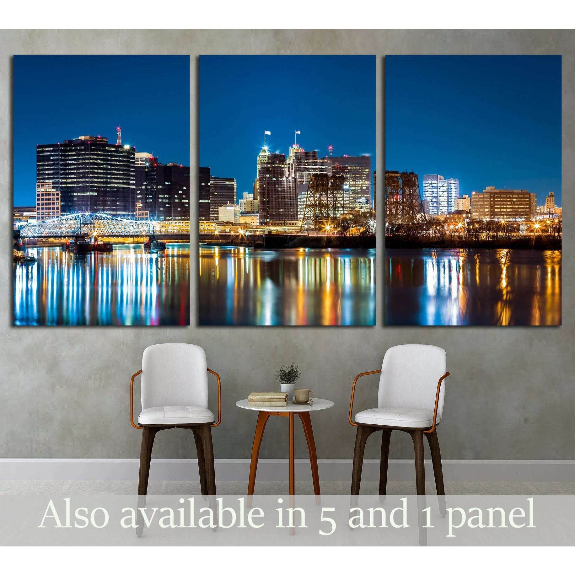 Newark, NJ cityscape by night, viewed from Riverbank park №1693 Ready to Hang Canvas PrintCanvas art arrives ready to hang, with hanging accessories included and no additional framing required. Every canvas print is hand-crafted, made on-demand at our wor