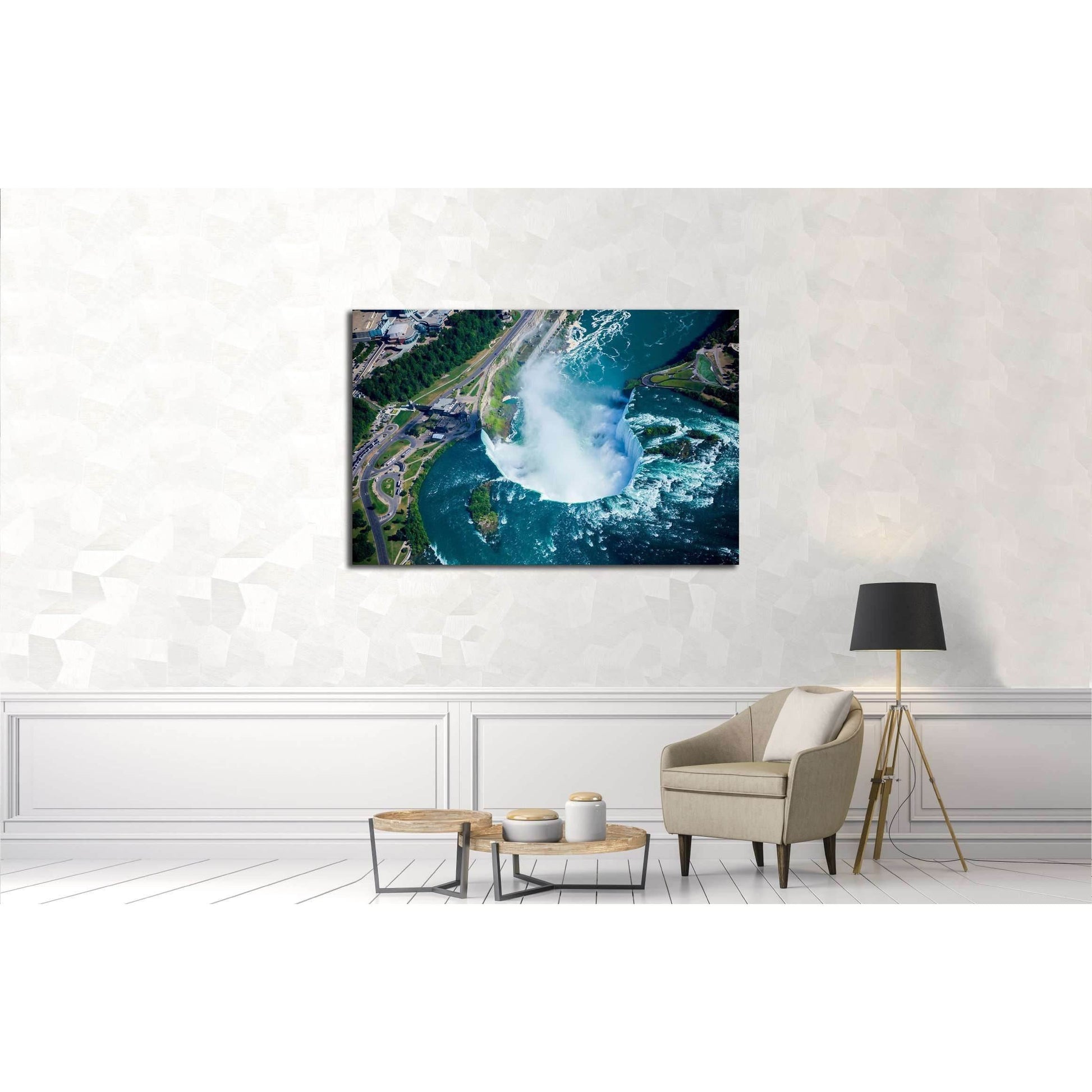 Niagara falls, Canadian side. Ontario, Canada №2914 Ready to Hang Canvas PrintThis canvas print captures the awe-inspiring power of Niagara Falls from a bird's-eye view, highlighting the majestic waterfall's immense scale and the charming blues of the rus