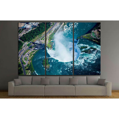 Niagara falls, Canadian side. Ontario, Canada №2914 Ready to Hang Canvas PrintThis canvas print captures the awe-inspiring power of Niagara Falls from a bird's-eye view, highlighting the majestic waterfall's immense scale and the charming blues of the rus