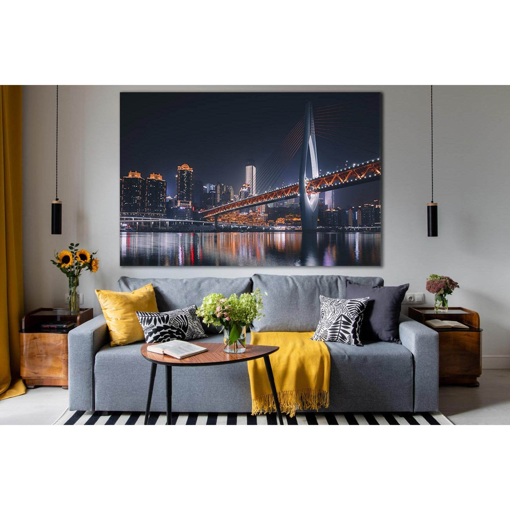 Night Bridge In China №SL1108 Ready to Hang Canvas Print - Zellart Canvas Prints 0new, ALL_Products, Bridges Wall Art