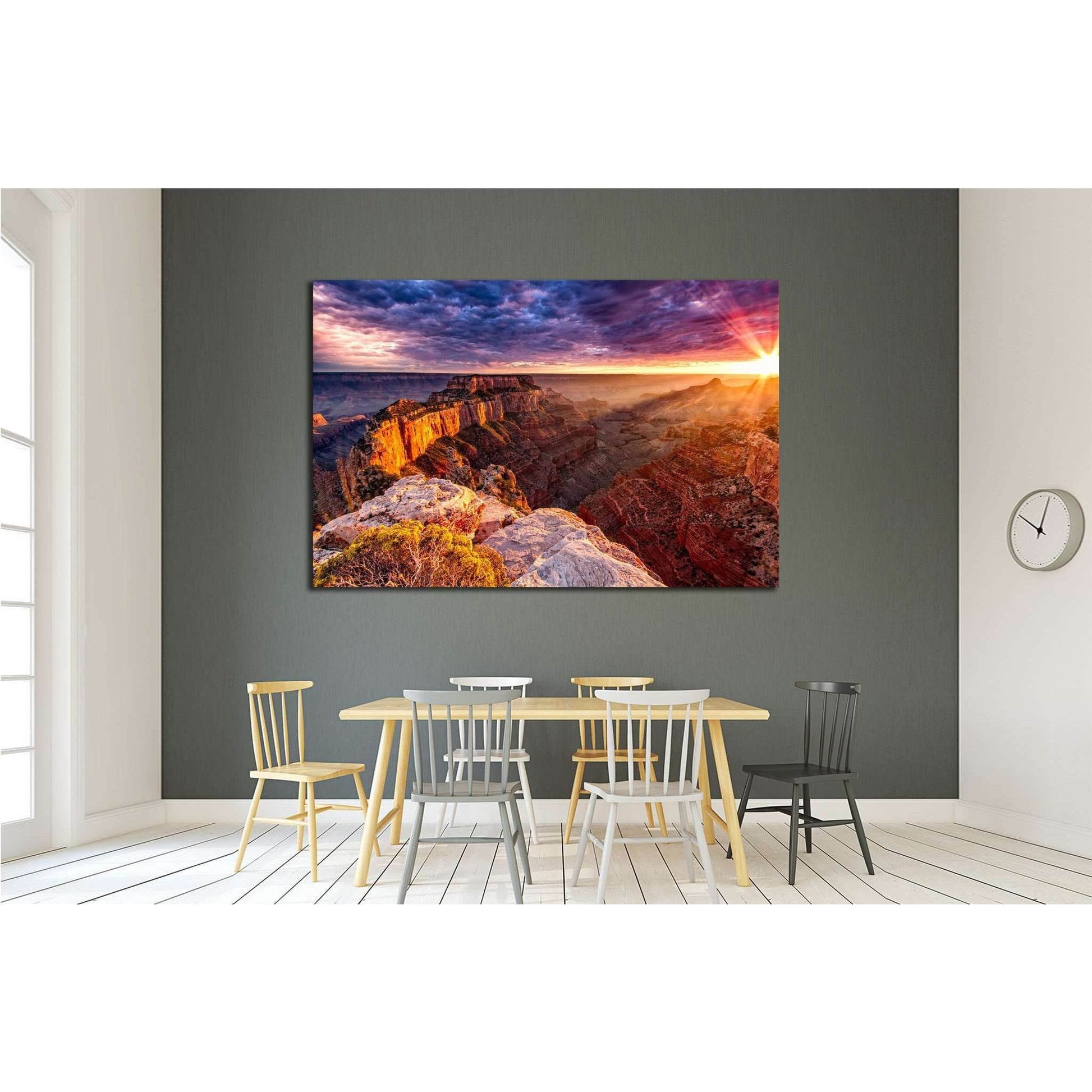 North Rim Grand Canyon Cape Royal №1962 Ready to Hang Canvas PrintThis triptych canvas print captures the breathtaking beauty of the North Rim of the Grand Canyon from Cape Royal at sunrise. The warm sunlight bathes the intricate rock formations in a gold