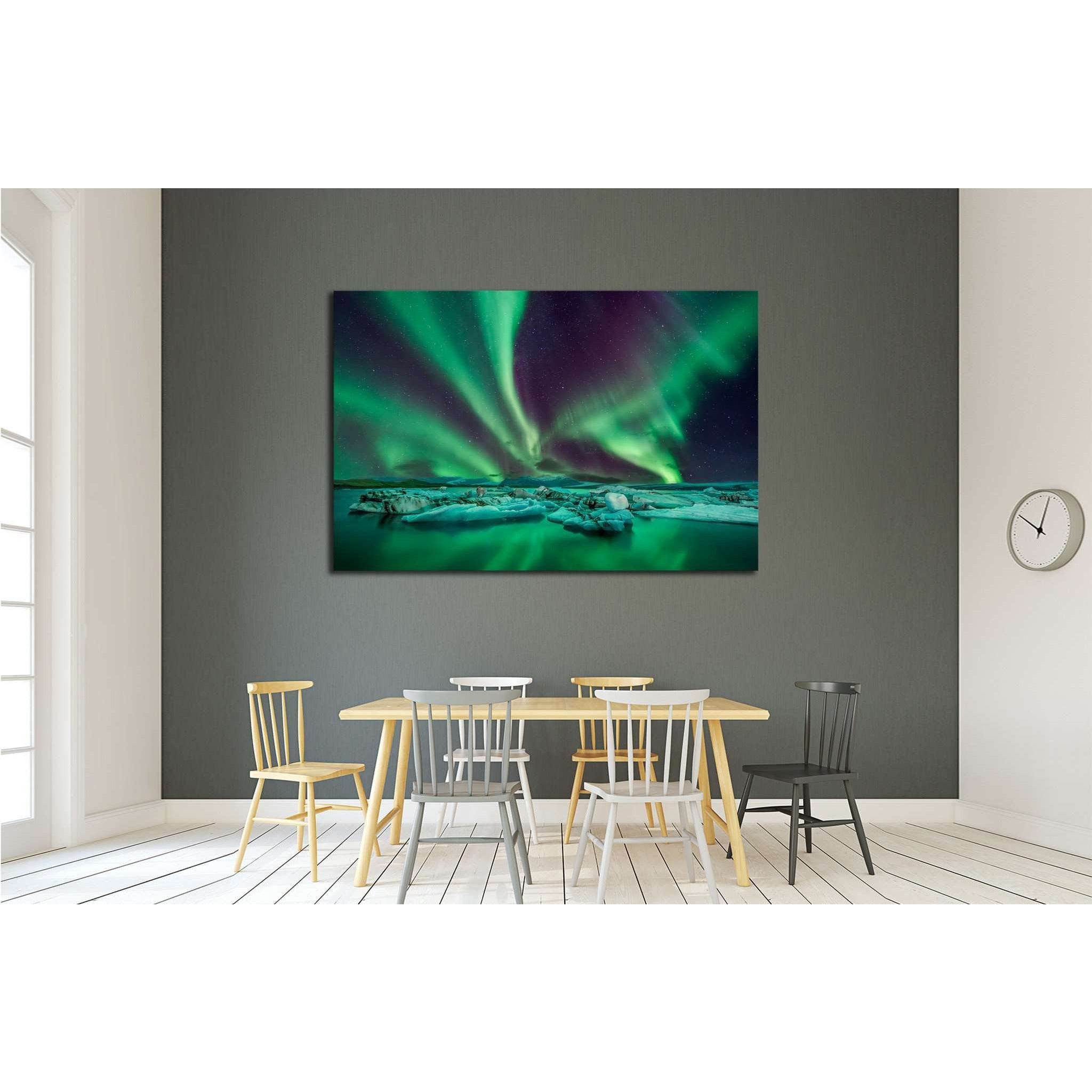 northern lights flying over the Glacier Lagoon in iceland №1909 Ready to Hang Canvas Print