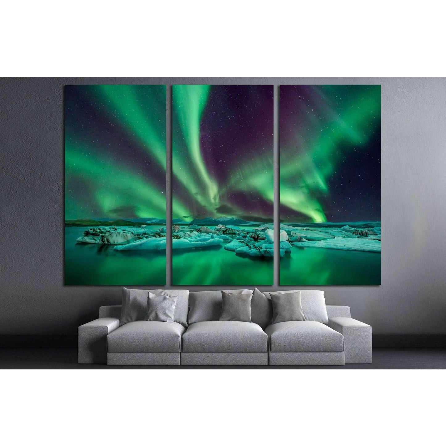 Northern Lights Over Icy Landscape Canvas Print for Modern Home DecorThis canvas print showcases the magnificent Northern Lights, or Aurora Borealis, with their ethereal green hues dancing over a serene icy landscape. It's a piece that would bring a sense