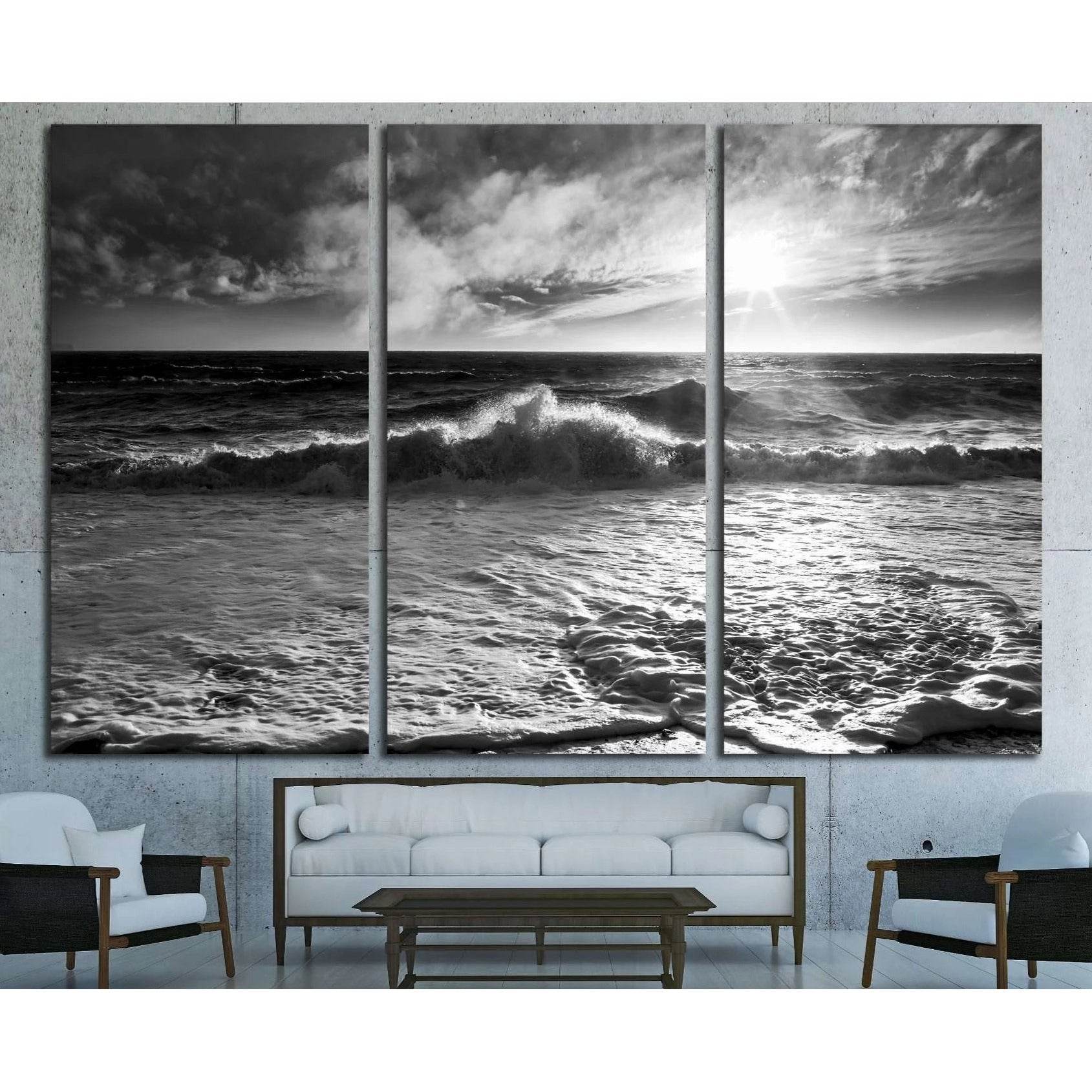 Ocean waves with a sunburst and lens flare on a windy day in black and white. №2925 Ready to Hang Canvas Print