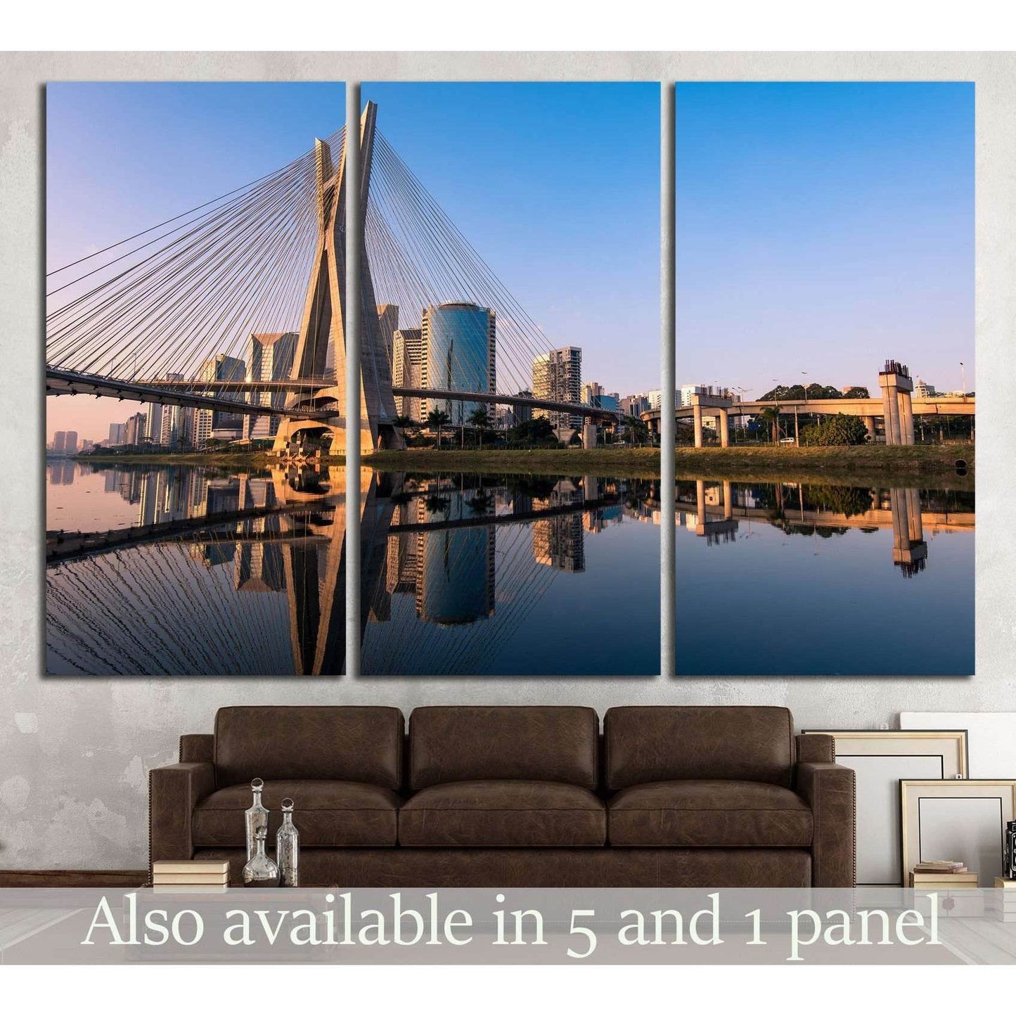 Octavio Frias de Oliveira Bridge Sao Paulo triptych canvas print displayed above sofa