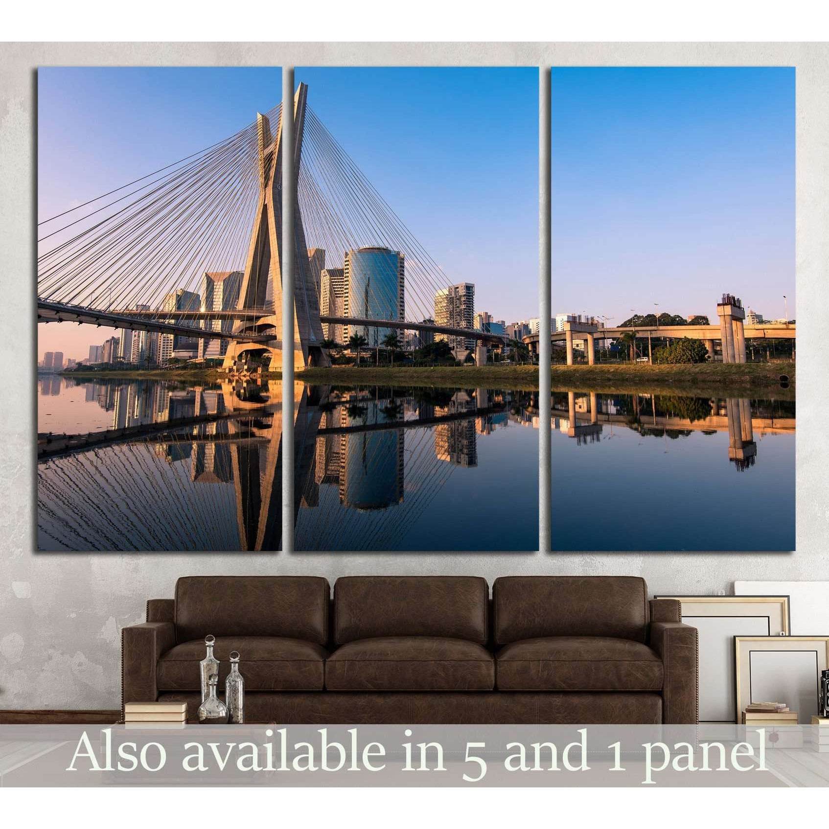Octavio Frias de Oliveira Bridge Sao Paulo triptych canvas print displayed above sofa