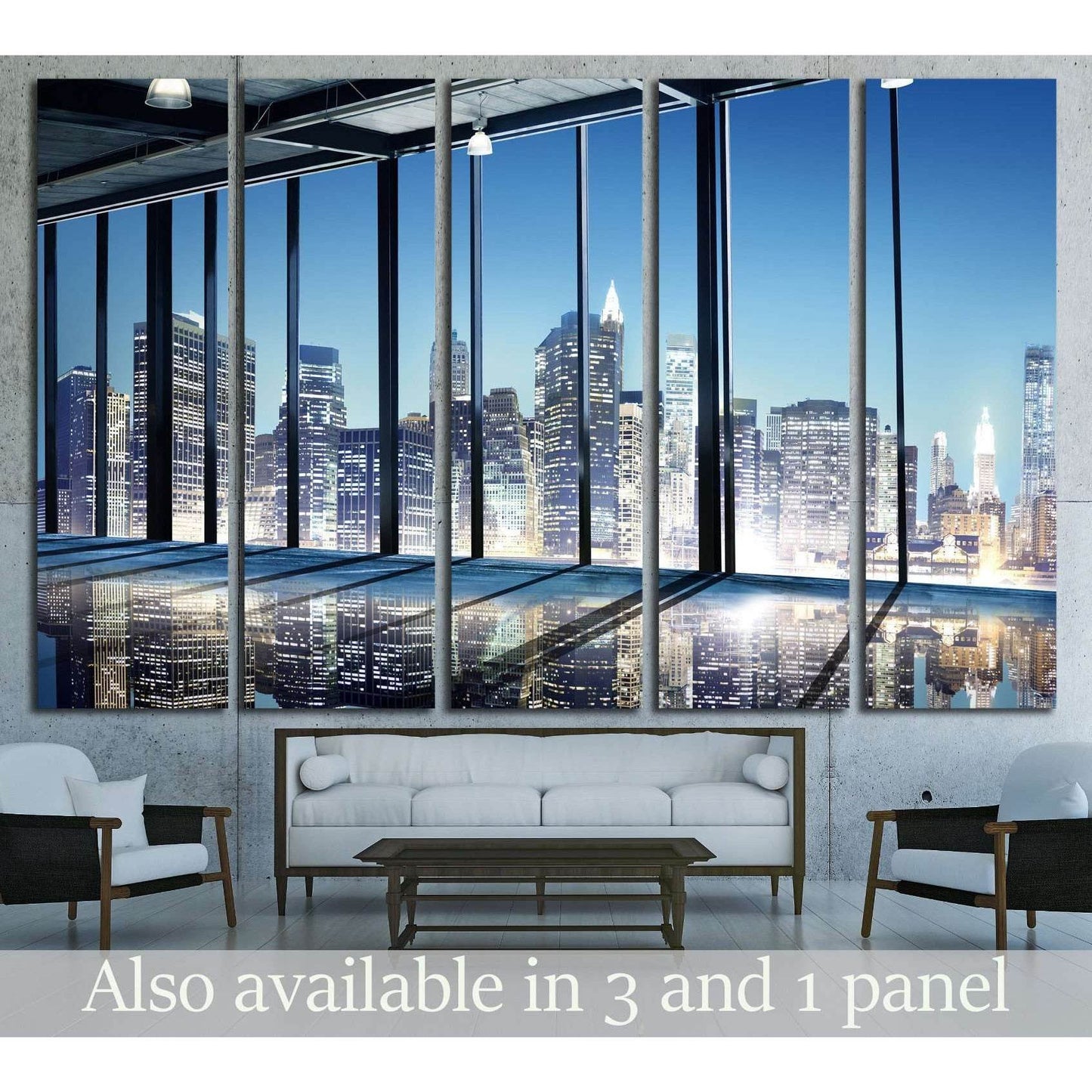 City skyline canvas print seen through floor-to-ceiling office windows above a sofa in a modern room