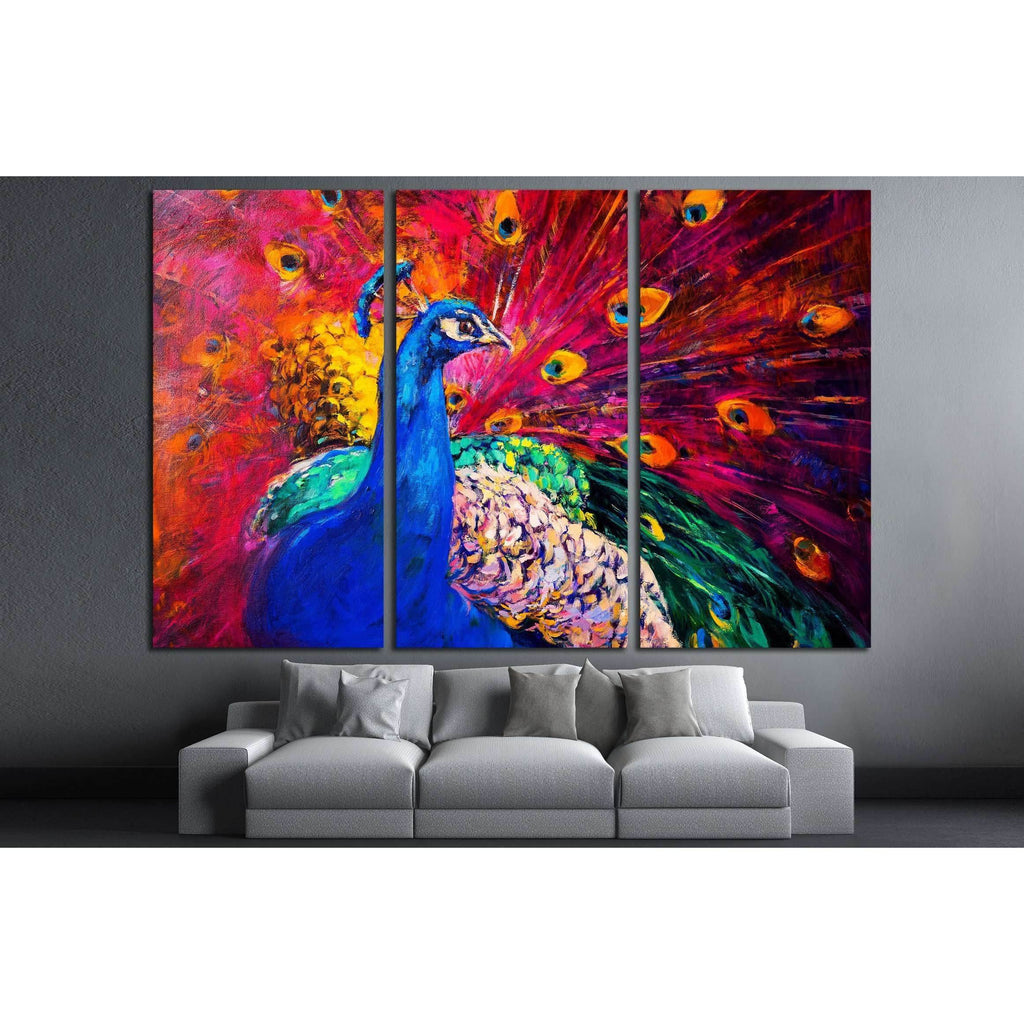 Oil painting. Beautiful multicolored peacock №2802 Ready to Hang Canva
