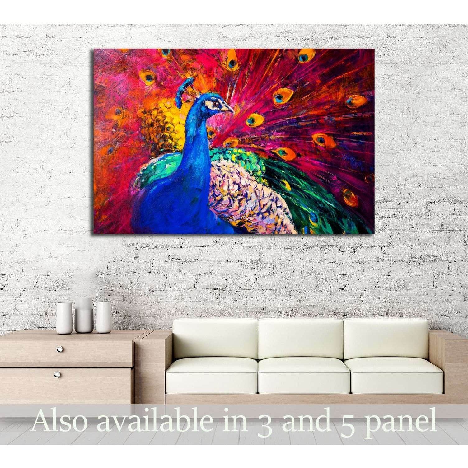 Oil painting. Beautiful multicolored peacock №2802 Ready to Hang Canvas Print - Zellart Canvas Prints ALL_Products, s-2802