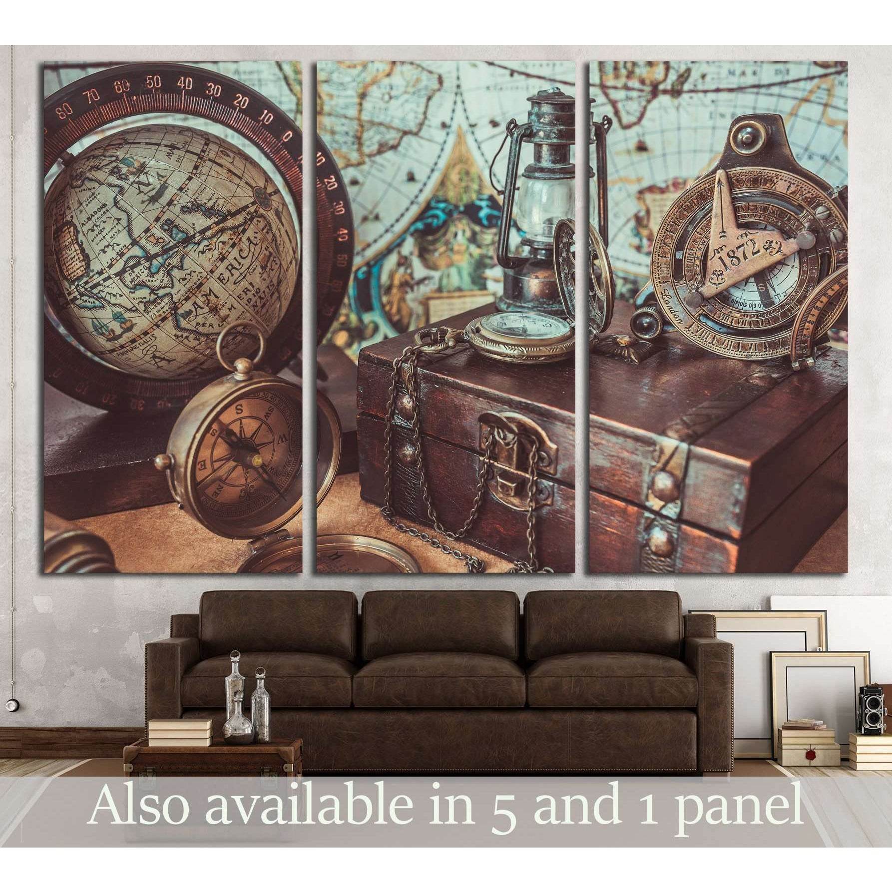 Old antique rare items collections including with a compass, oil lamp №2819 Ready to Hang Canvas PrintCanvas art arrives ready to hang, with hanging accessories included and no additional framing required. Every canvas print is hand-crafted, made on-deman