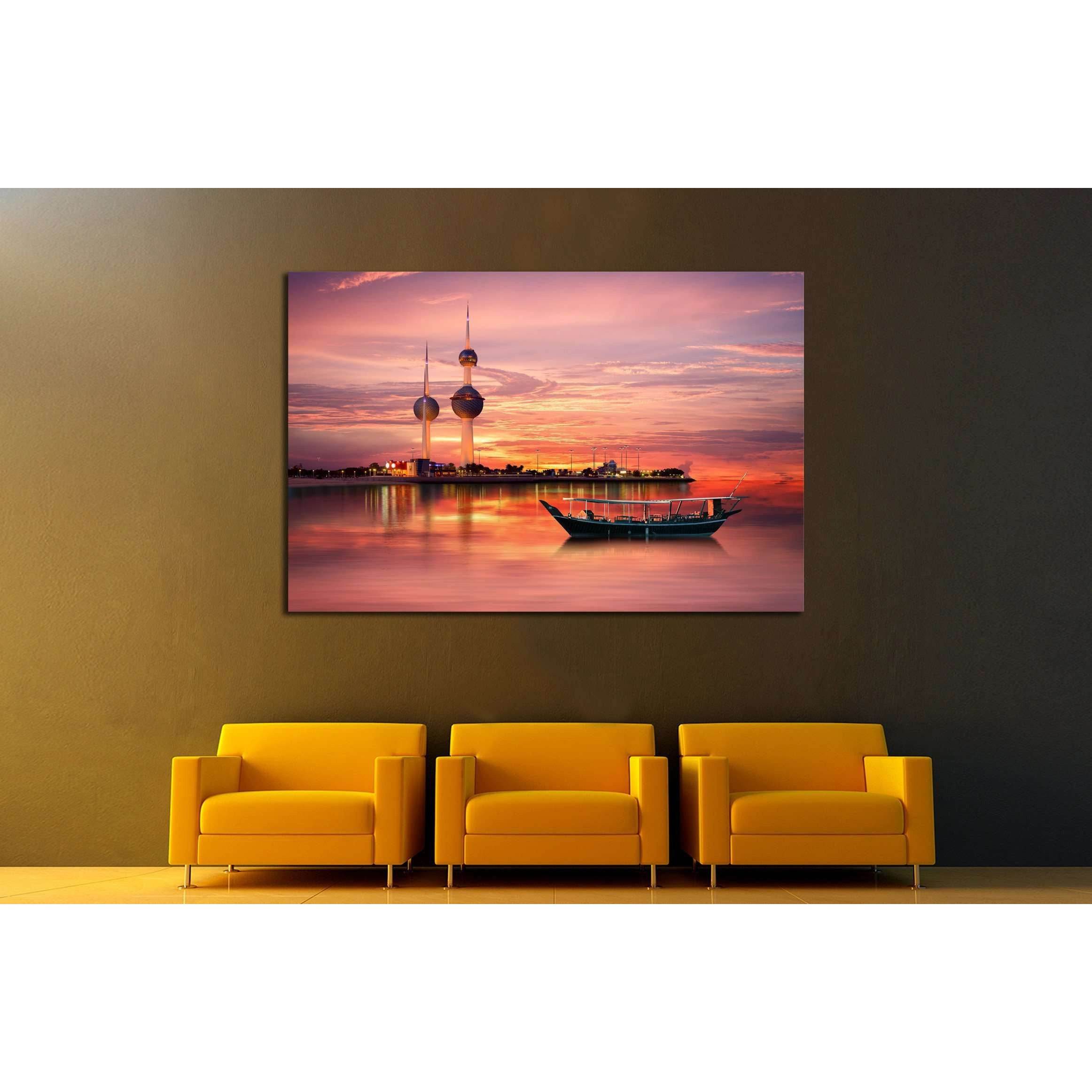 old Arabian boat docked in front of Kuwait Landmark №2200 Ready to Hang Canvas Print